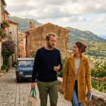 Couple walking and talking on a cobblestone village street with colorful shutters and a sea view.