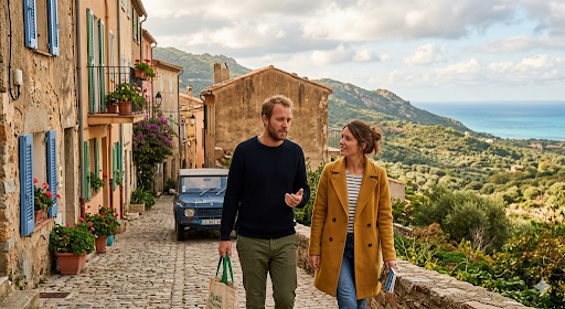 Couple walking and talking on a cobblestone village street with colorful shutters and a sea view.