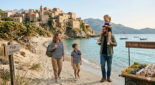 Family of four walking along a sandy beach with a vendor cart of fruit beside a signpost and a village on the rocky coast in the background