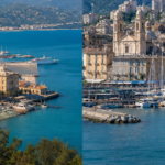 Split panorama of a coastal town with colorful buildings along a blue harbor and a marina filled with sailboats.