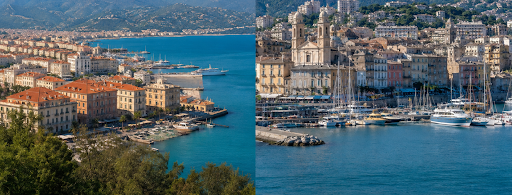 Split panorama of a coastal town with colorful buildings along a blue harbor and a marina filled with sailboats.