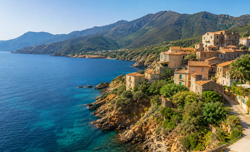 Coastal village with stone houses perched on a rocky cliff overlooking clear blue sea, with green vegetation and distant mountains in the background.