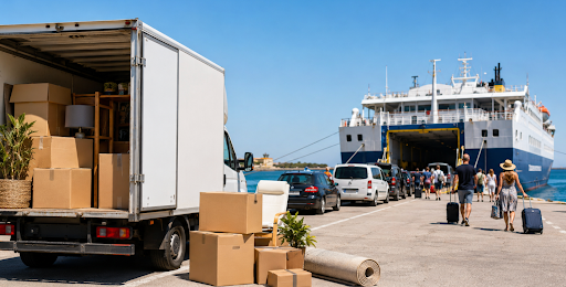 Delivery truck unloading cardboard boxes at a harbor with a large passenger ship docked in the background.