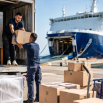 Two workers unload a cardboard box from a truck at a port with a large blue-and-white ferry in the background.